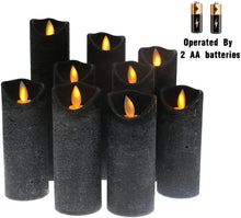 Load image into Gallery viewer, Black Flameless Battery Operated LED Pillar Candles with Remote Timer Pack of 9
