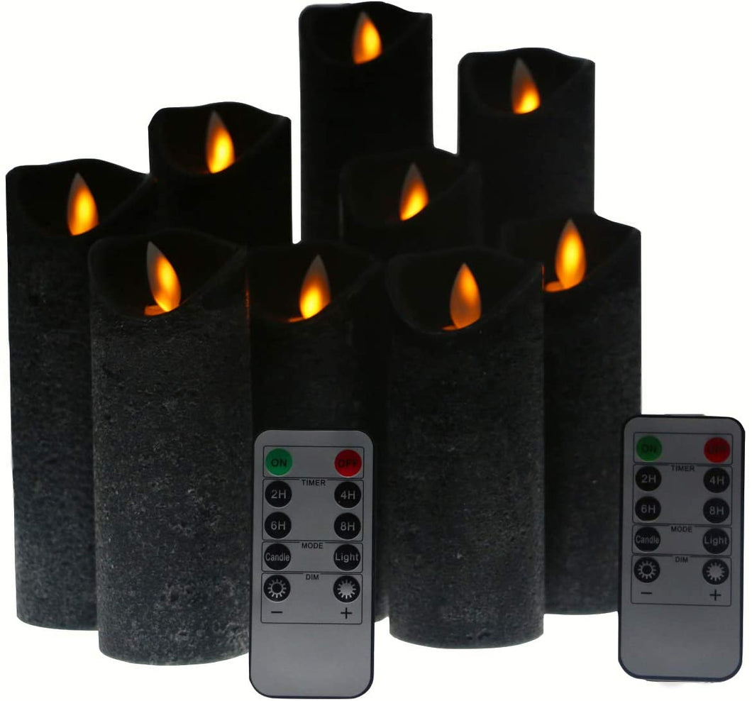 Black Flameless Battery Operated LED Pillar Candles with Remote Timer Pack of 9